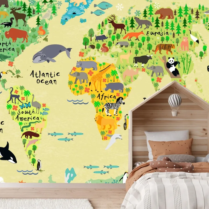 Fototapeta kolorowa mapa świata ze zwierzętami