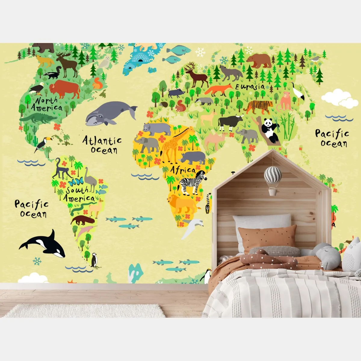 Fototapeta kolorowa mapa świata ze zwierzętami – Wallissimo® Fototapeta kolorowa mapa świata ze zwierzętami – Wallissimo®