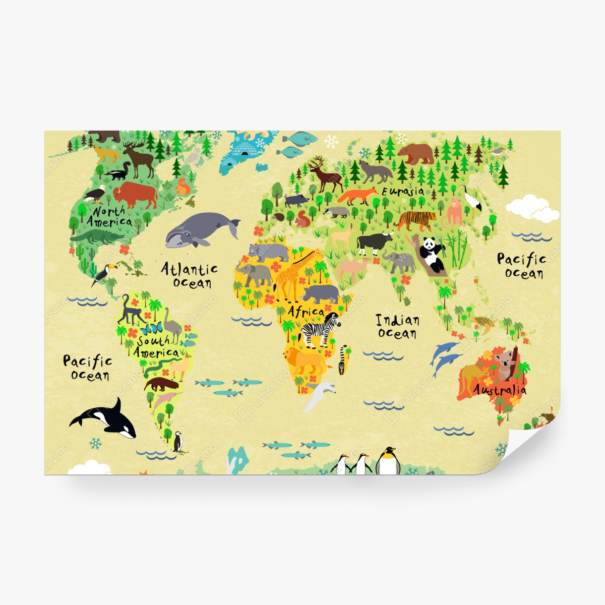 Fototapeta kolorowa mapa świata ze zwierzętami – Wallissimo® Fototapeta kolorowa mapa świata ze zwierzętami – Wallissimo®