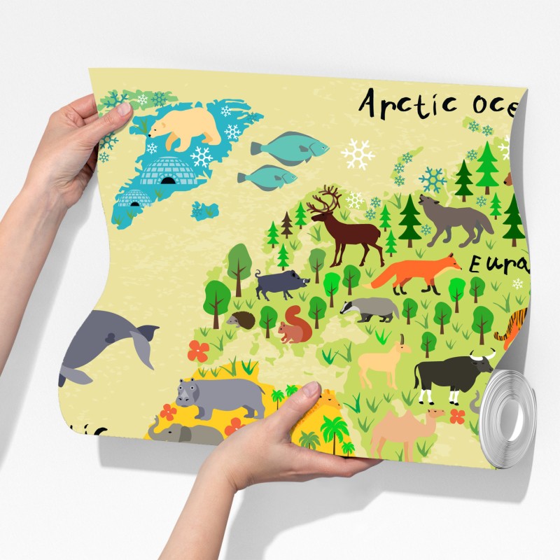 Fototapeta kolorowa mapa świata ze zwierzętami – Wallissimo® Fototapeta kolorowa mapa świata ze zwierzętami – Wallissimo®