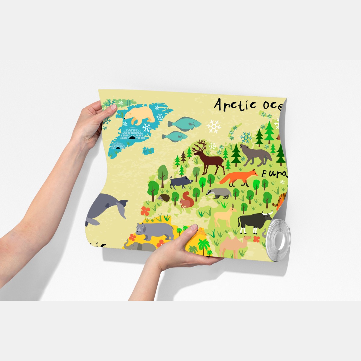 Fototapeta kolorowa mapa świata ze zwierzętami – Wallissimo® Fototapeta kolorowa mapa świata ze zwierzętami – Wallissimo®