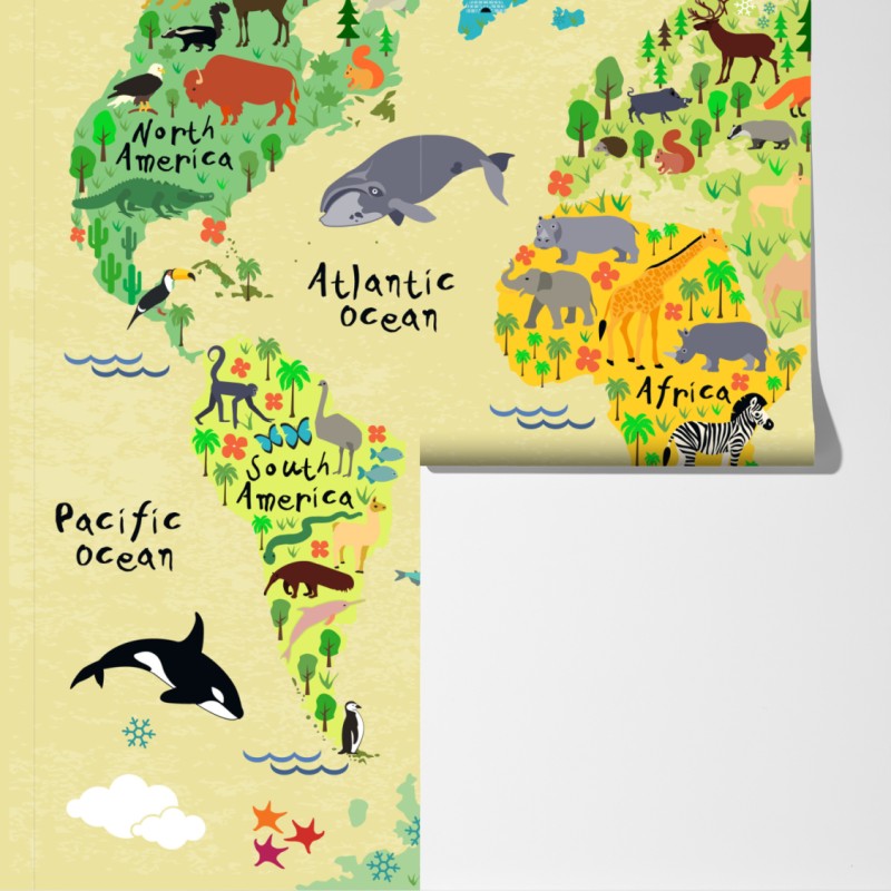 Fototapeta kolorowa mapa świata ze zwierzętami – Wallissimo® Fototapeta kolorowa mapa świata ze zwierzętami – Wallissimo®