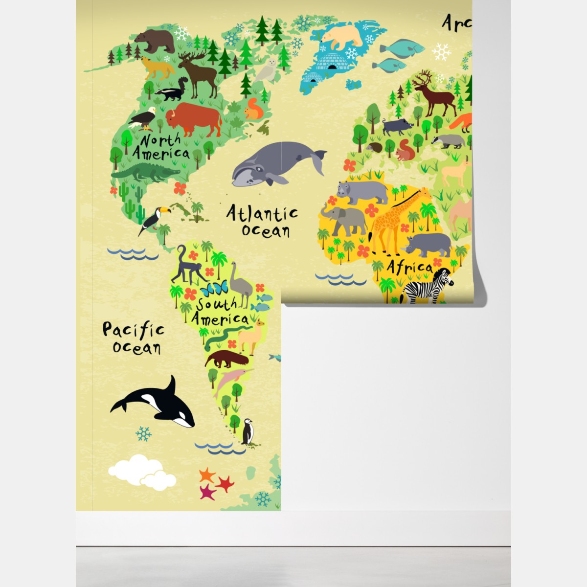 Fototapeta kolorowa mapa świata ze zwierzętami – Wallissimo® Fototapeta kolorowa mapa świata ze zwierzętami – Wallissimo®