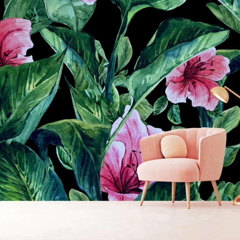 Fototapeta różowe akwarelowe kwiaty na czarnym tle