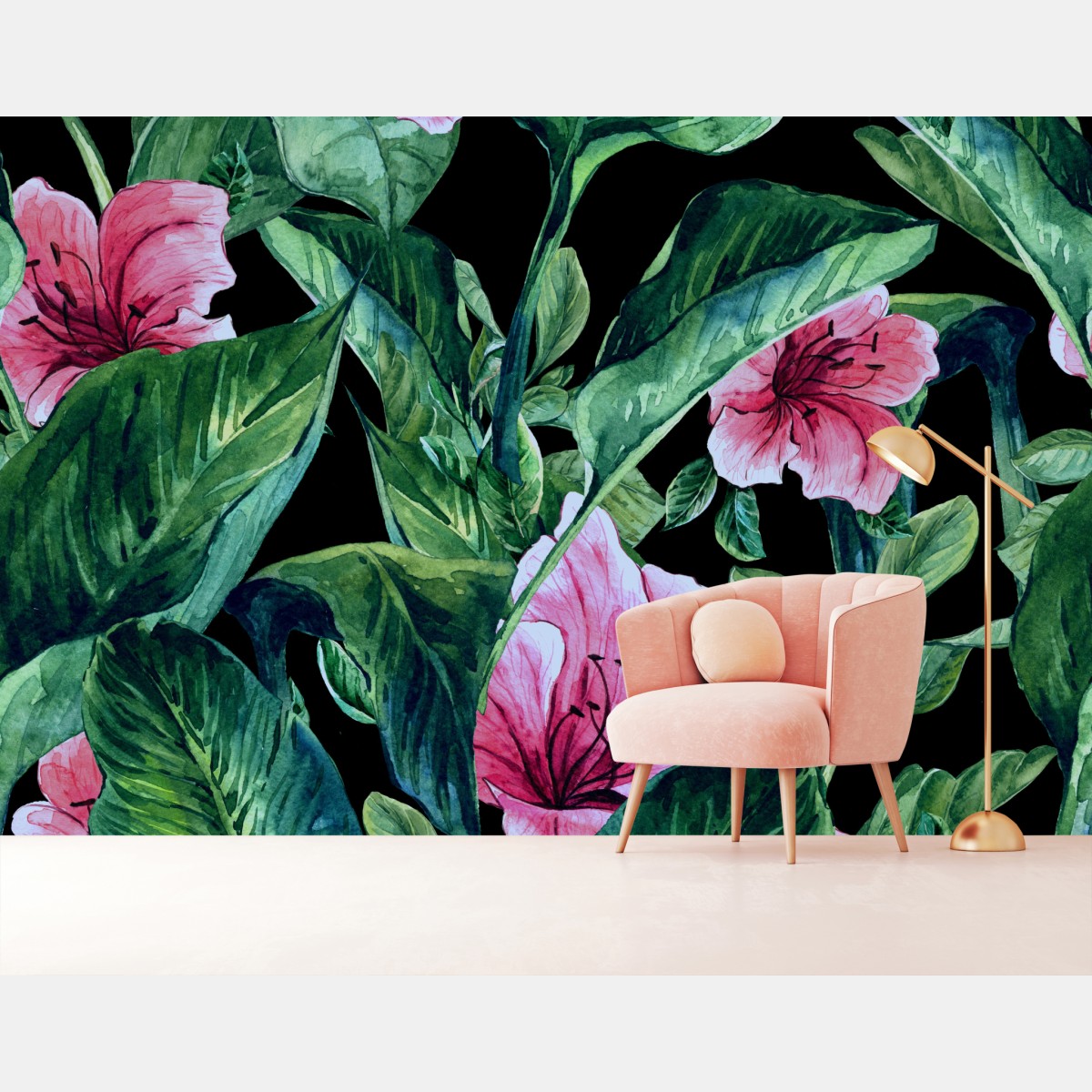 Wall mural pink watercolor blooms on black background