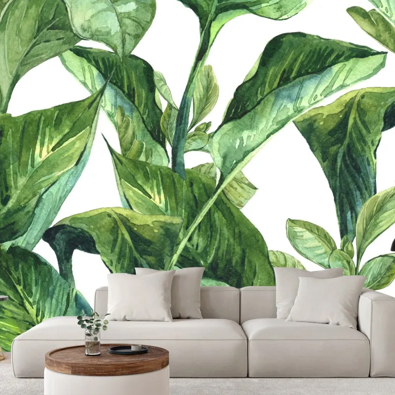 Fototapeta bujny akwarelowy wzór tropikalnych liści – Wallissimo® Fototapeta bujny akwarelowy wzór tropikalnych liści – Wallissimo®