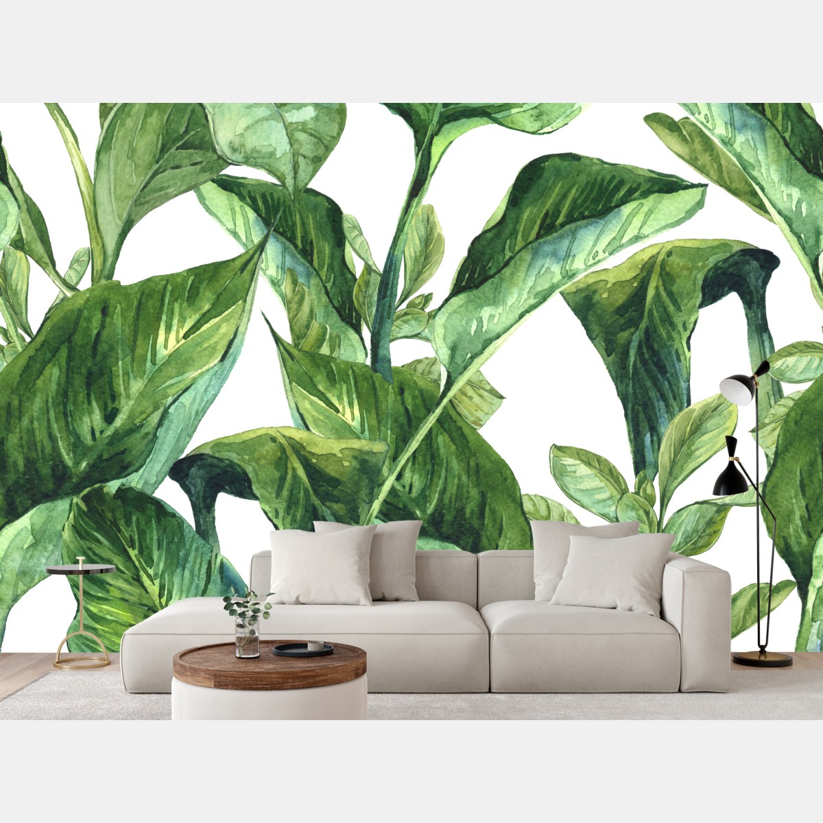 Wall mural lush watercolor tropical leaves pattern