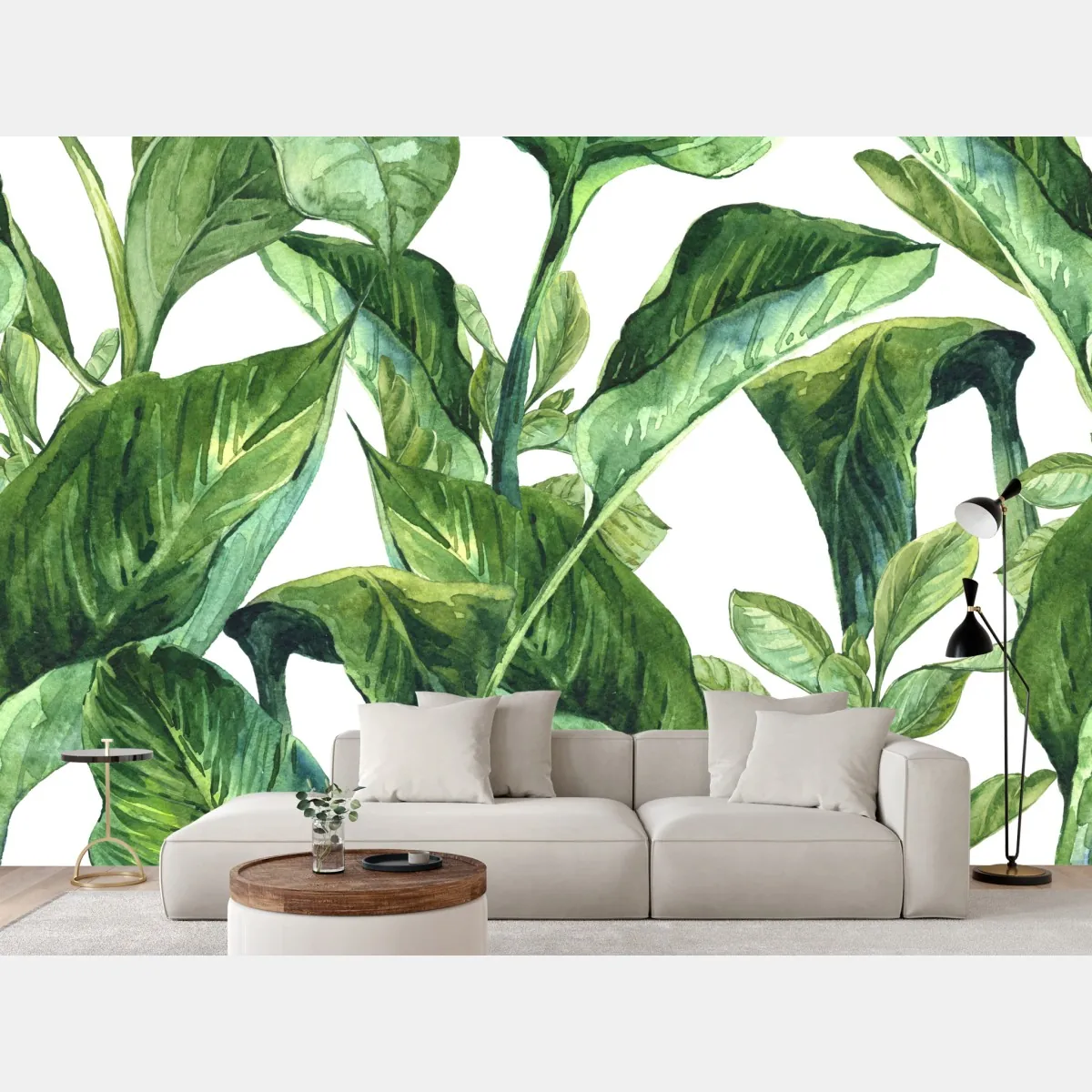 Fototapeta bujny akwarelowy wzór tropikalnych liści – Wallissimo® Fototapeta bujny akwarelowy wzór tropikalnych liści – Wallissimo®