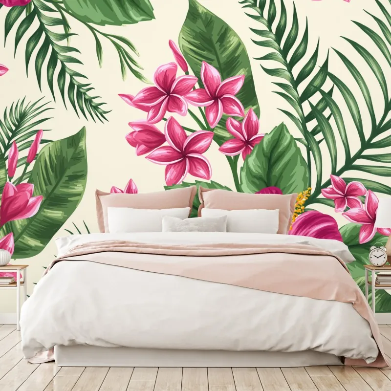 Fototapeta tropikalny wzór z różowym hibiskusem – Wallissimo® Fototapeta tropikalny wzór z różowym hibiskusem – Wallissimo®