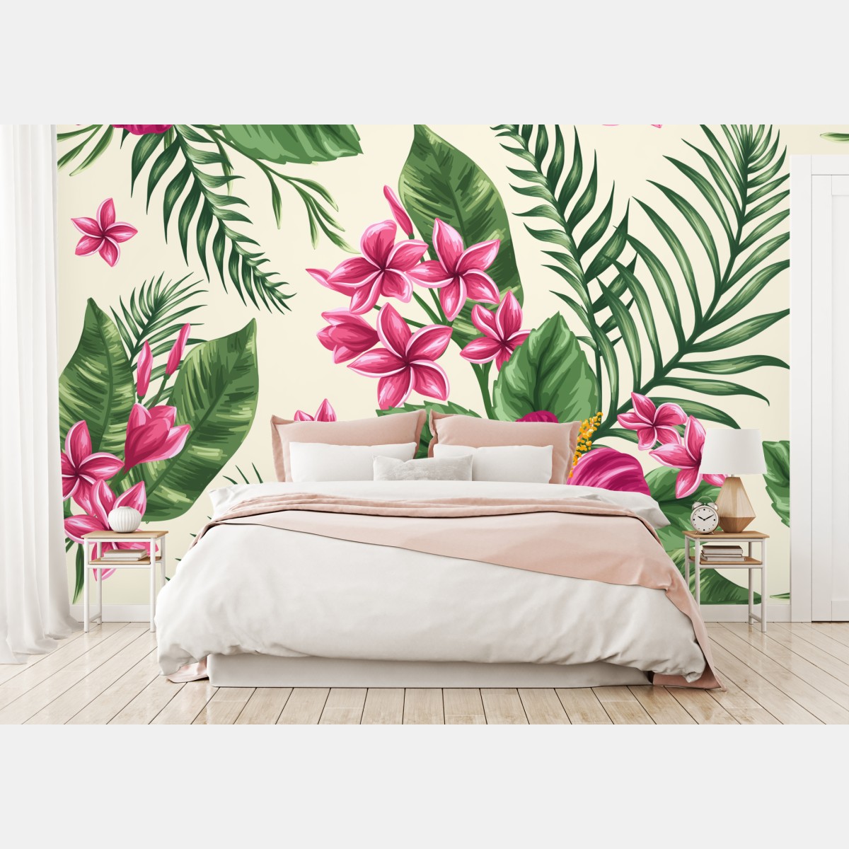 Wall mural tropical pink hibiscus floral pattern
