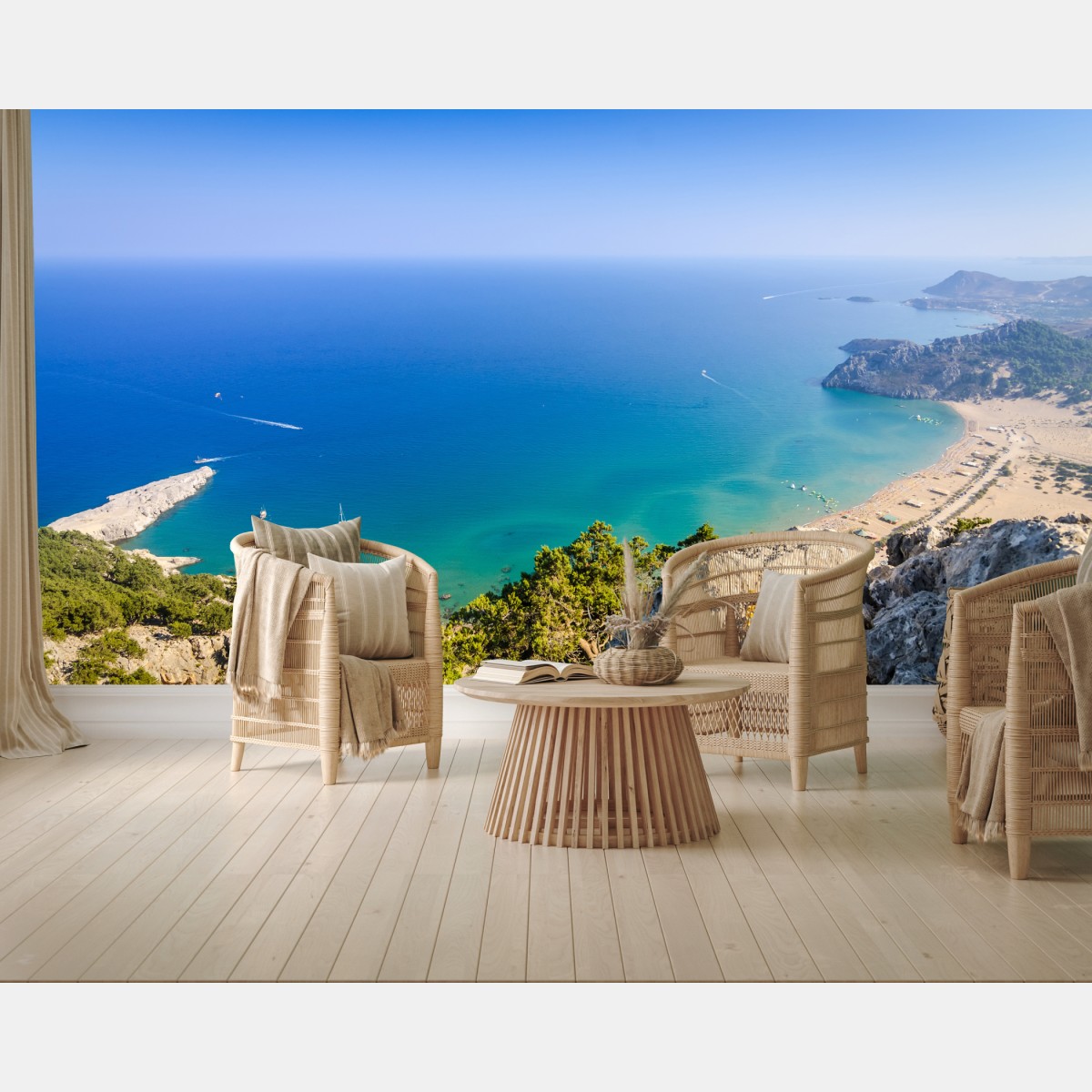 Wall mural sunlit turquoise bay panorama
