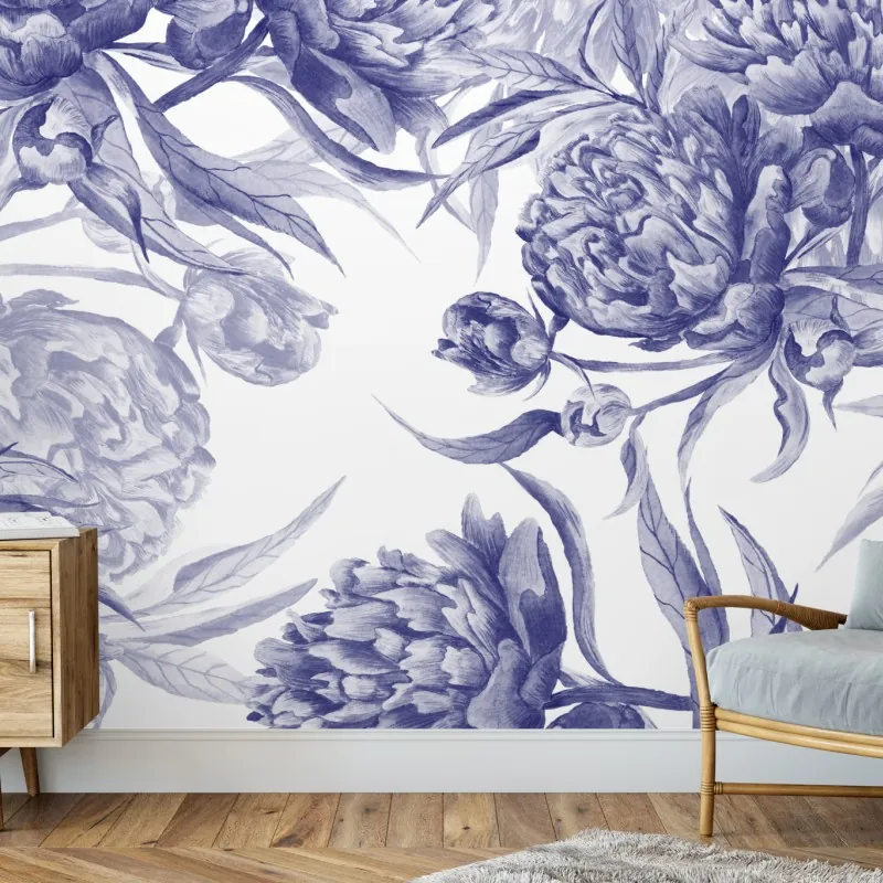 Fototapeta niebieskie peonie w stylu botanicznym