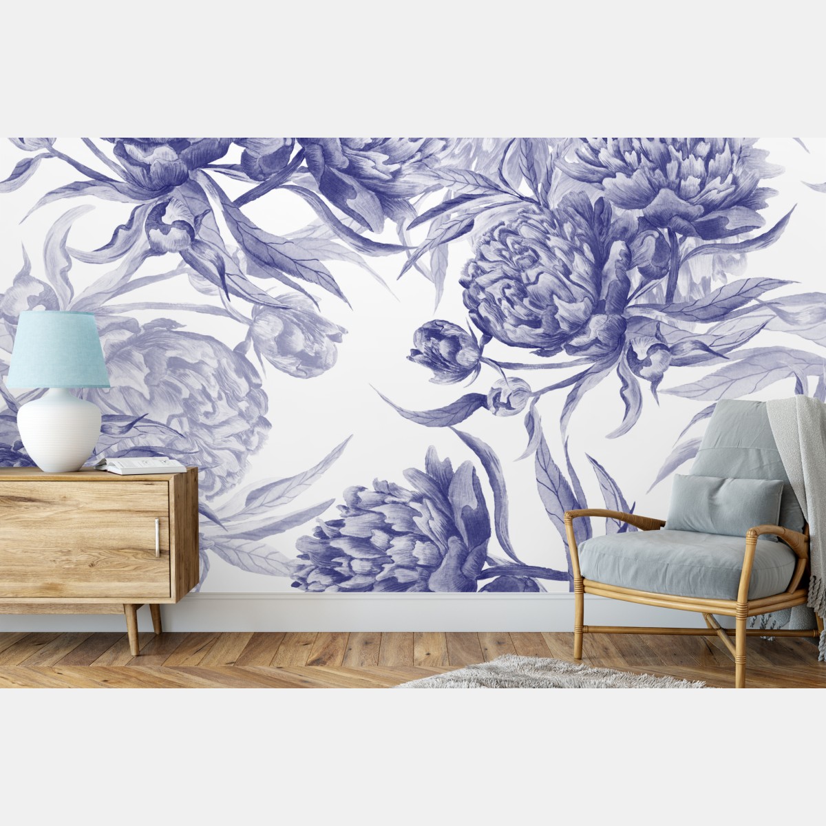 Wall mural blue peony floral pattern