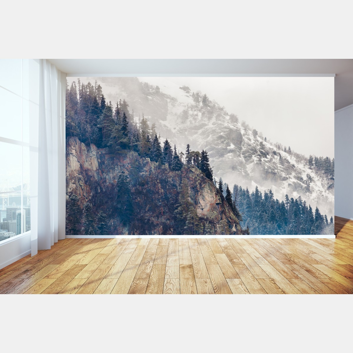 Wall mural misty mountain cliff with pine forest