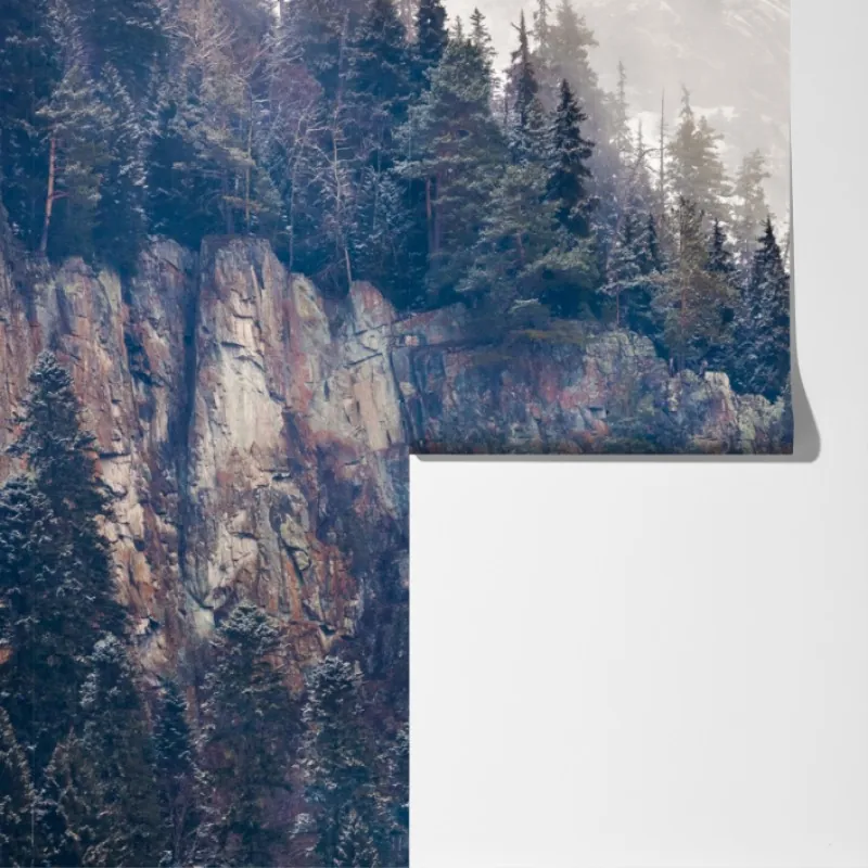 Fototapeta mglista góra z urwiskiem i sosnowym lasem – Wallissimo® Fototapeta mglista góra z urwiskiem i sosnowym lasem – Wallissimo®