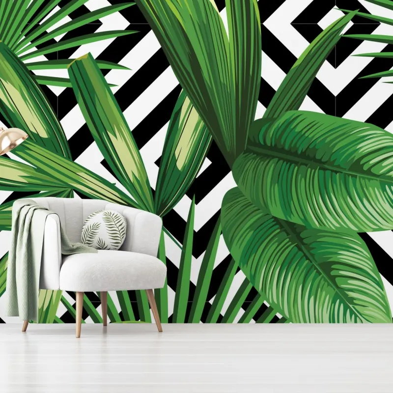 Fototapeta tropikalne liście z geometrycznym wzorem