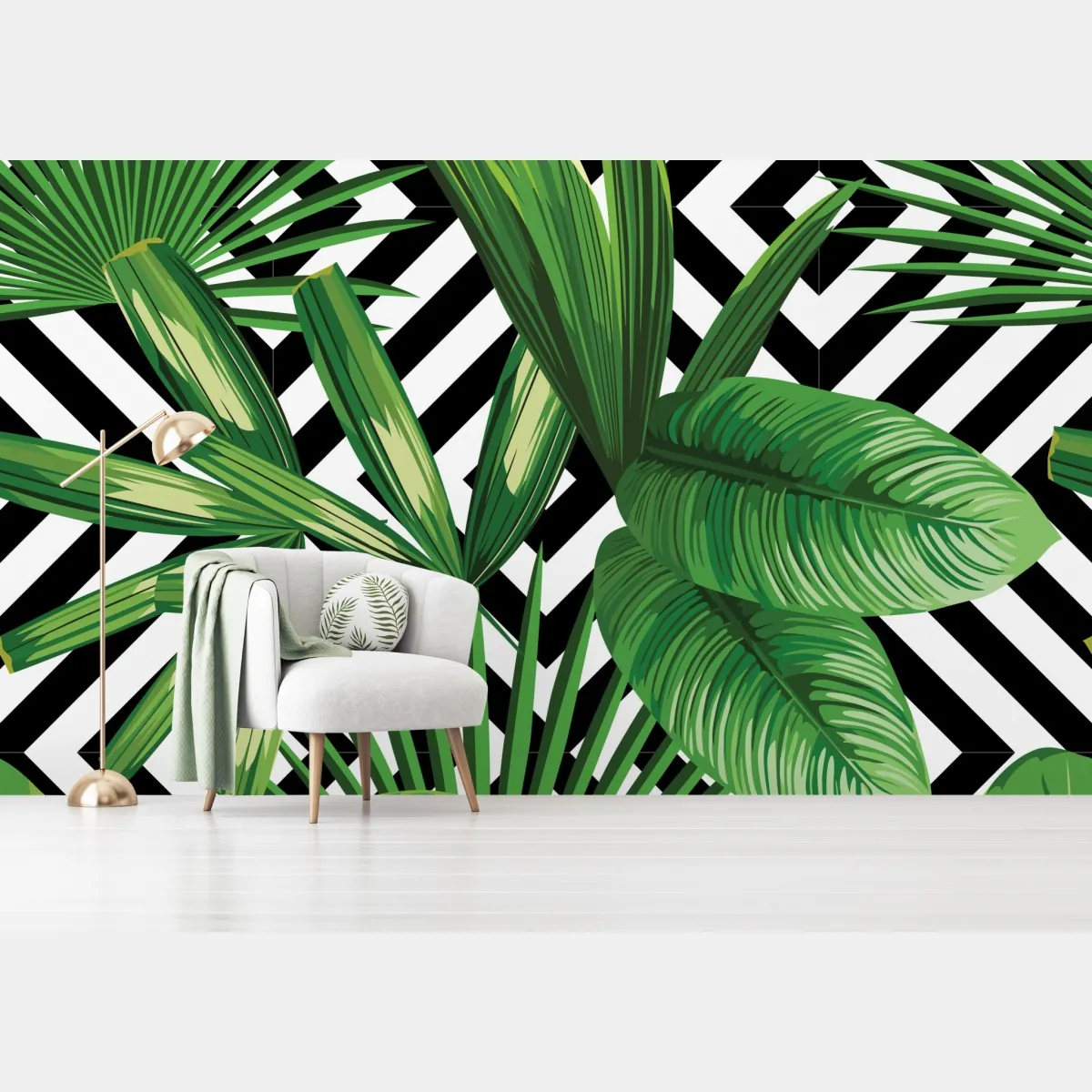 Fototapeta tropikalne liście z geometrycznym wzorem – Wallissimo® Fototapeta tropikalne liście z geometrycznym wzorem – Wallissimo®