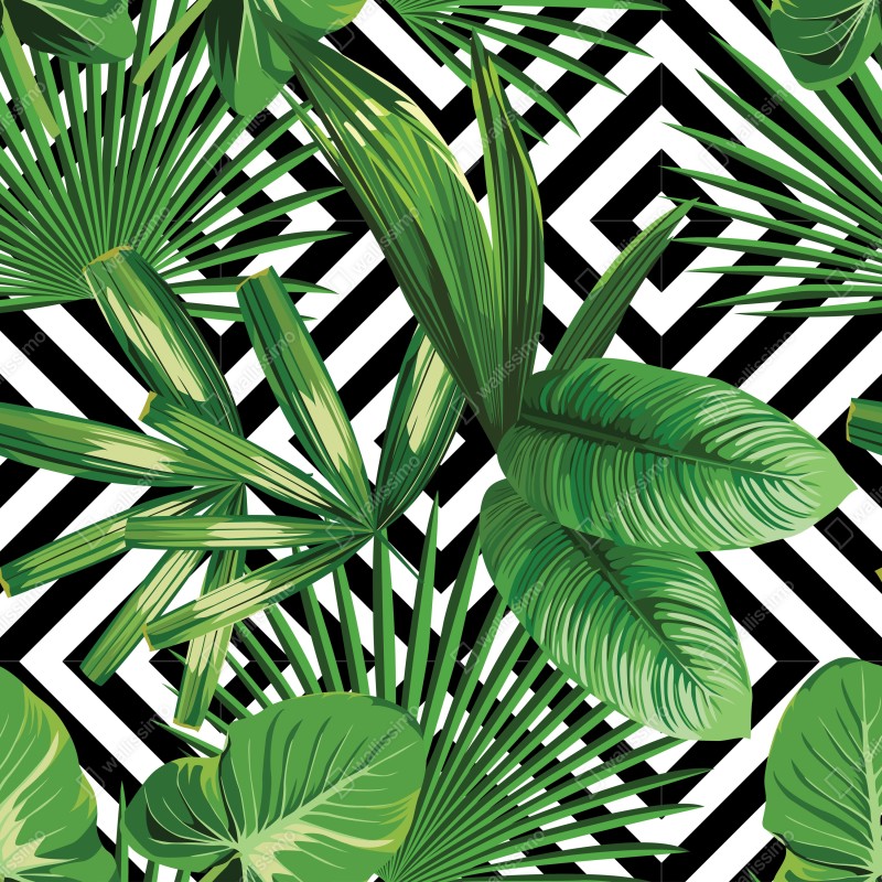 Fototapeta tropikalne liście z geometrycznym wzorem – Wallissimo® Fototapeta tropikalne liście z geometrycznym wzorem – Wallissimo®