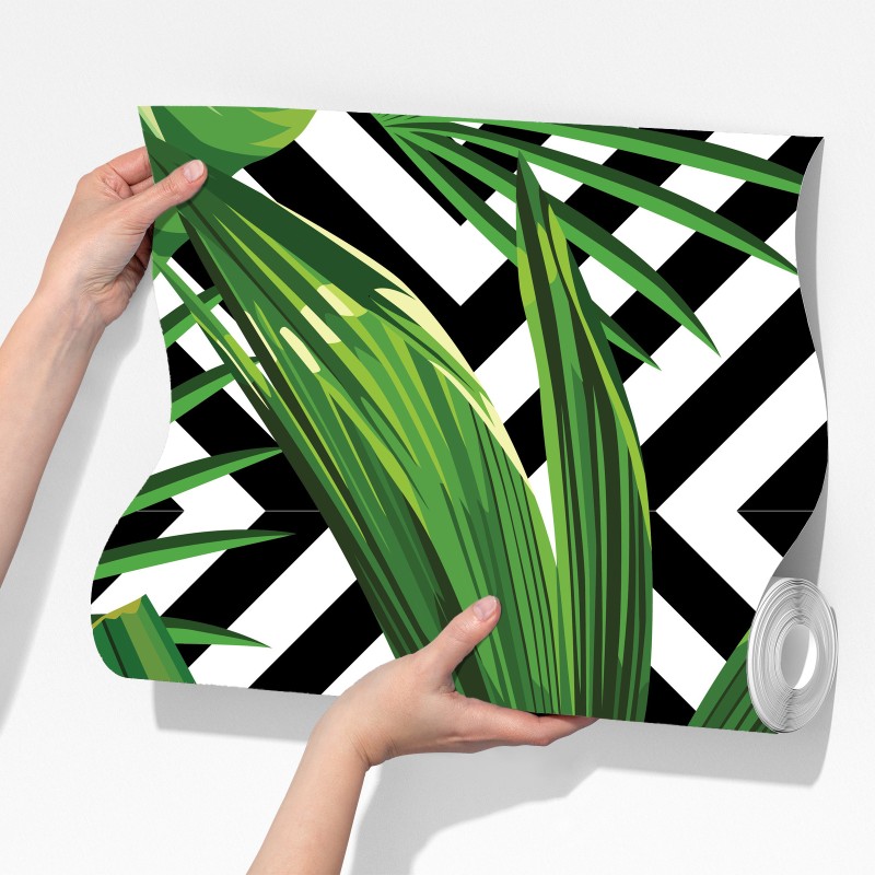 Fototapeta tropikalne liście z geometrycznym wzorem – Wallissimo® Fototapeta tropikalne liście z geometrycznym wzorem – Wallissimo®