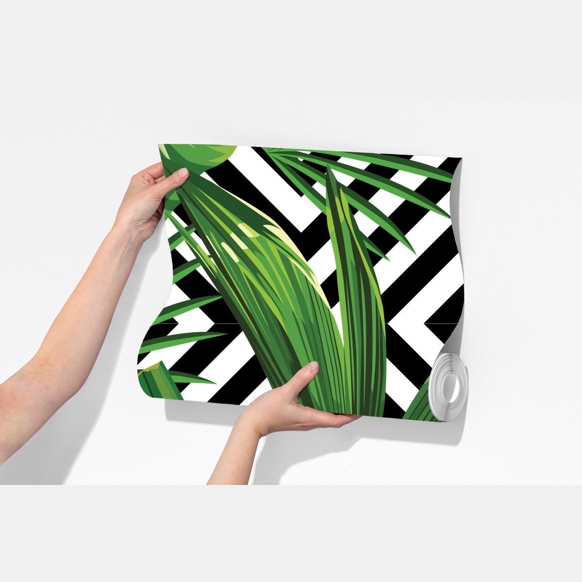 Fototapeta tropikalne liście z geometrycznym wzorem – Wallissimo® Fototapeta tropikalne liście z geometrycznym wzorem – Wallissimo®