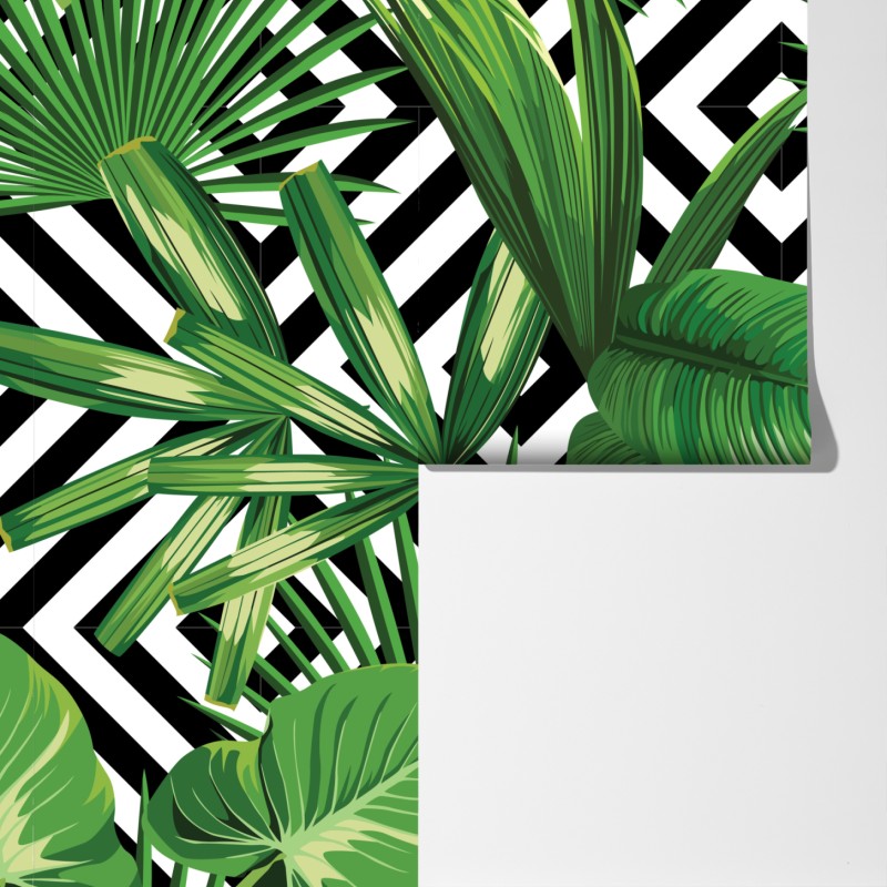 Fototapeta tropikalne liście z geometrycznym wzorem – Wallissimo® Fototapeta tropikalne liście z geometrycznym wzorem – Wallissimo®