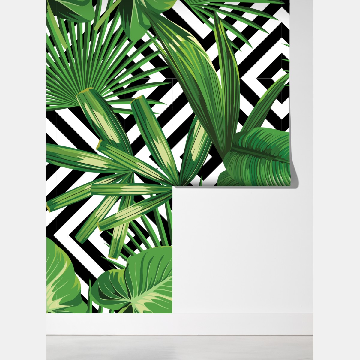 Fototapeta tropikalne liście z geometrycznym wzorem – Wallissimo® Fototapeta tropikalne liście z geometrycznym wzorem – Wallissimo®