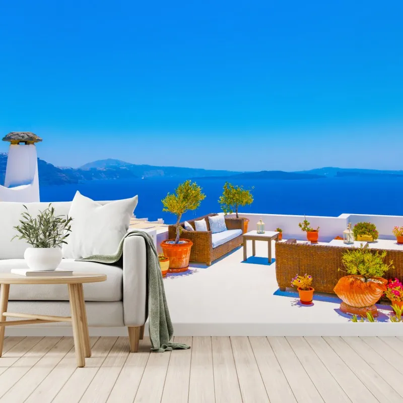 Fototapeta taras w Oia z widokiem na morze, Santorini – Wallissimo® Fototapeta taras w Oia z widokiem na morze, Santorini – Wallissimo®