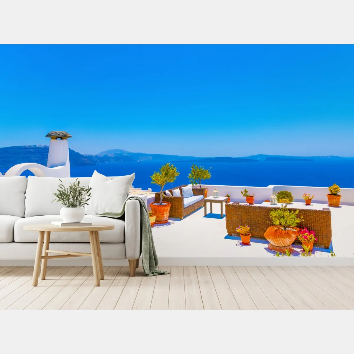 Fototapeta taras w Oia z widokiem na morze, Santorini – Wallissimo® Fototapeta taras w Oia z widokiem na morze, Santorini – Wallissimo®