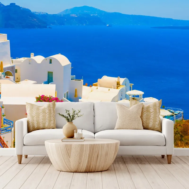 Fototapeta słoneczny widok na Santorini: białe domy i błękit morza