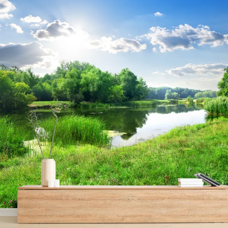Fototapeta słoneczna łąka nad rzeką – Wallissimo® Fototapeta słoneczna łąka nad rzeką – Wallissimo®