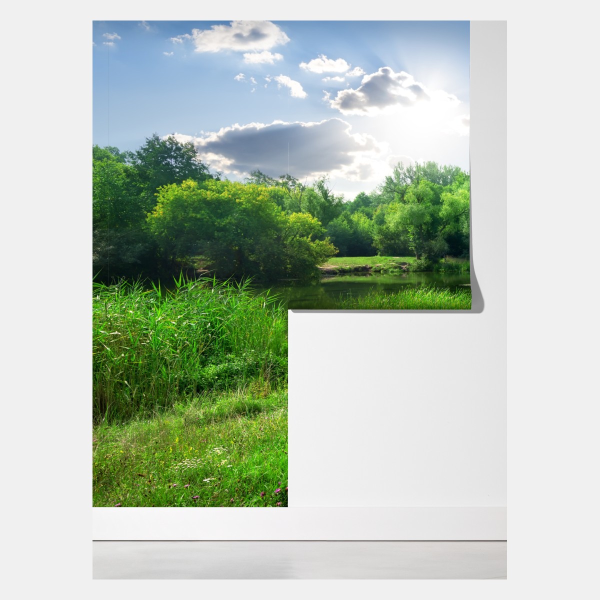 Fototapeta słoneczna łąka nad rzeką – Wallissimo® Fototapeta słoneczna łąka nad rzeką – Wallissimo®