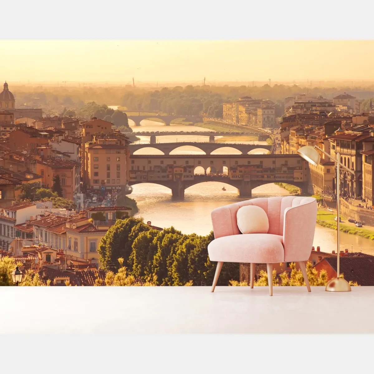 Fototapeta złoty zachód słońca nad Ponte Vecchio, Florencja – Wallissimo® Fototapeta złoty zachód słońca nad Ponte Vecchio, Florencja – Wallissimo®