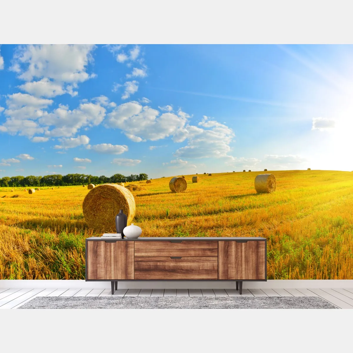 Fototapeta złote pole siana pod błękitnym niebem – Wallissimo® Fototapeta złote pole siana pod błękitnym niebem – Wallissimo®