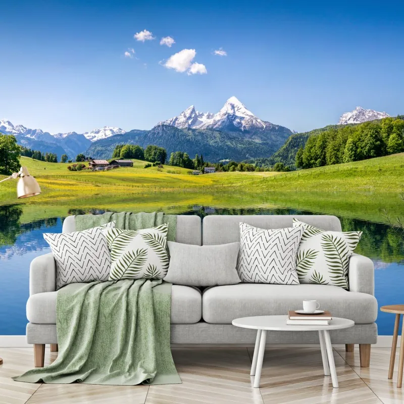 Fototapeta alpejskie szczyty odbite w spokojnym jeziorze – Wallissimo® Fototapeta alpejskie szczyty odbite w spokojnym jeziorze – Wallissimo®