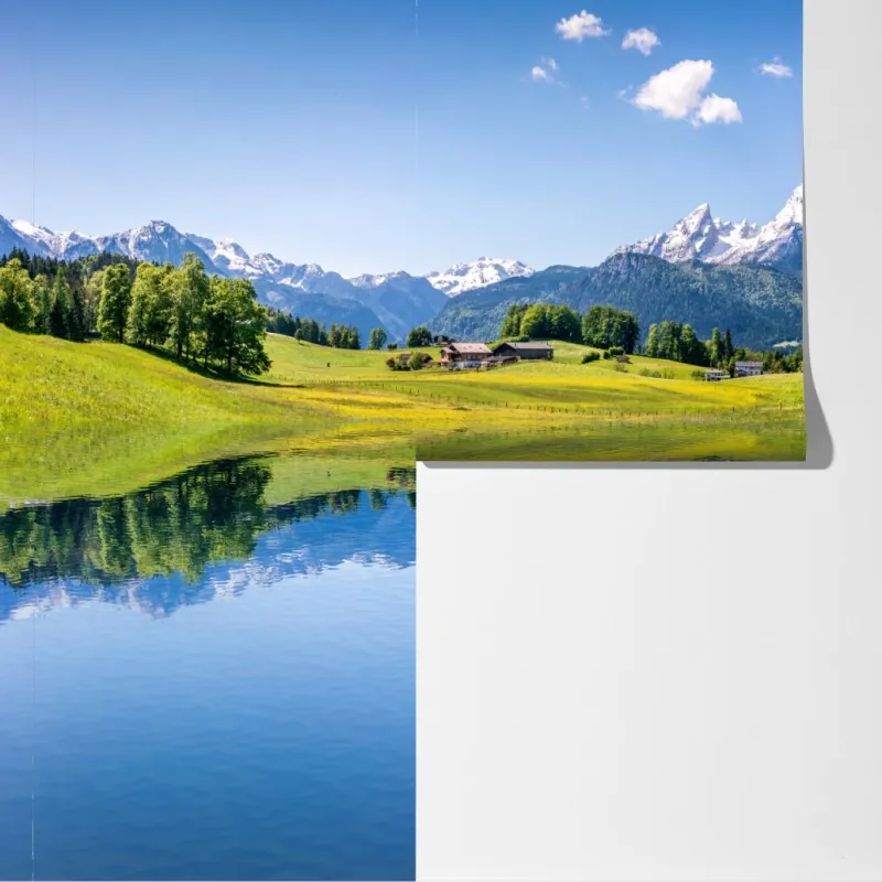 Fototapeta alpejskie szczyty odbite w spokojnym jeziorze – Wallissimo® Fototapeta alpejskie szczyty odbite w spokojnym jeziorze – Wallissimo®