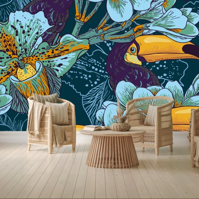 Fototapeta tropikalny wzór z tukaniami i kwiatami