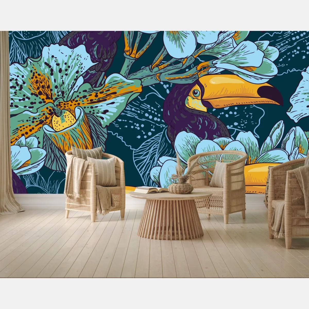 Fototapeta tropikalny wzór z tukaniami i kwiatami – Wallissimo® Fototapeta tropikalny wzór z tukaniami i kwiatami – Wallissimo®