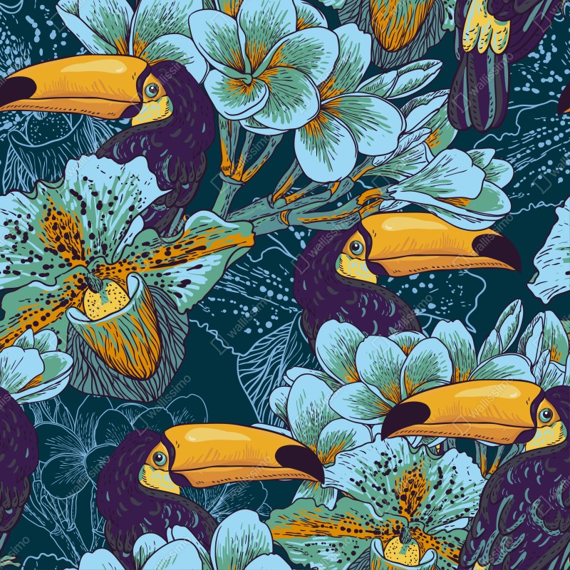 Fototapeta tropikalny wzór z tukaniami i kwiatami – Wallissimo® Fototapeta tropikalny wzór z tukaniami i kwiatami – Wallissimo®