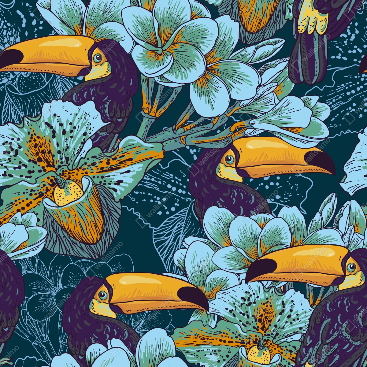 Fototapeta tropikalny wzór z tukaniami i kwiatami – Wallissimo® Fototapeta tropikalny wzór z tukaniami i kwiatami – Wallissimo®