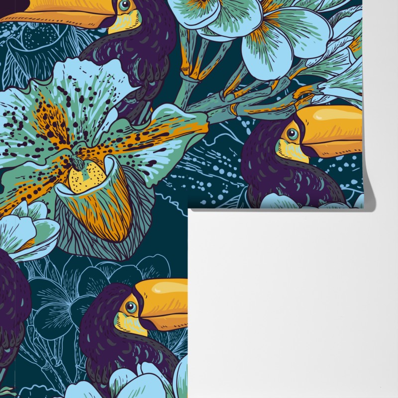 Fototapeta tropikalny wzór z tukaniami i kwiatami – Wallissimo® Fototapeta tropikalny wzór z tukaniami i kwiatami – Wallissimo®