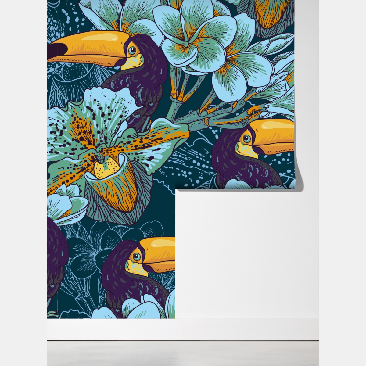 Fototapeta tropikalny wzór z tukaniami i kwiatami – Wallissimo® Fototapeta tropikalny wzór z tukaniami i kwiatami – Wallissimo®