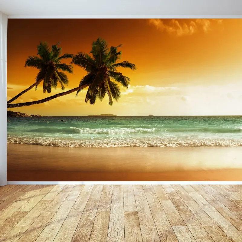 Fototapeta plaża przy zachodzie słońca na Karaibach z palmami – Wallissimo® Fototapeta plaża przy zachodzie słońca na Karaibach z palmami – Wallissimo®