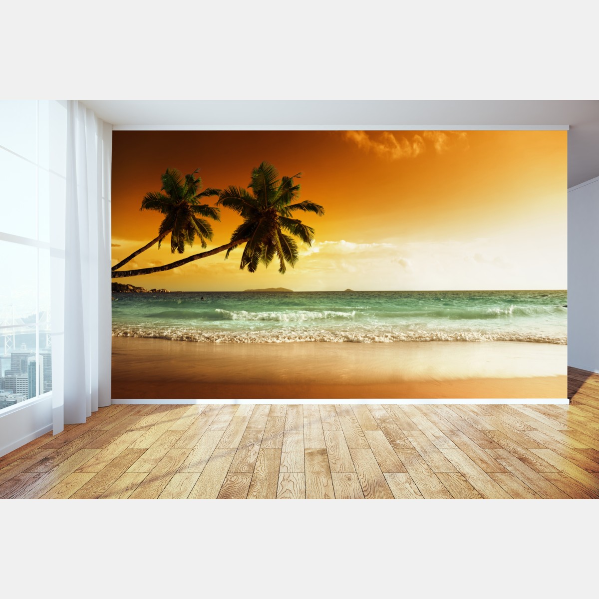 Wall mural Caribbean sunset beach with palm trees