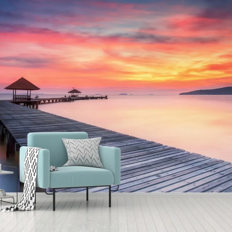 Fototapeta spokojny wschód słońca nad drewnianym molo