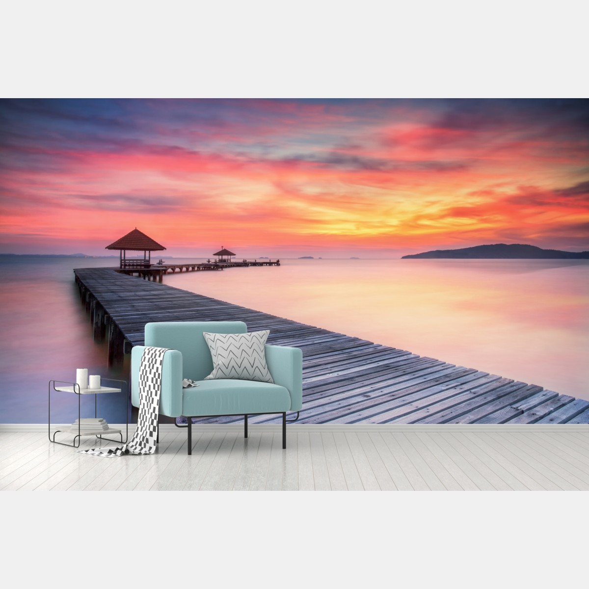 Wall mural serene sunrise over wooden pier