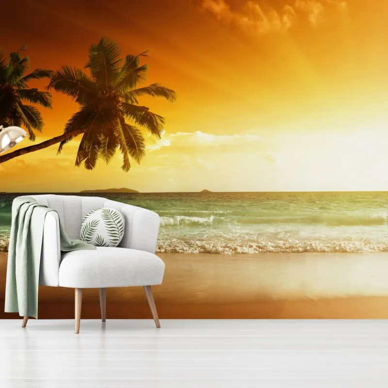 Fototapeta tropikalny zachód słońca nad plażą na Karaibach