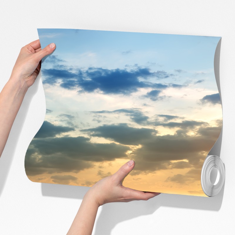 Fototapeta zachód słońca nad polną drogą w zielonej łące – Wallissimo® Fototapeta zachód słońca nad polną drogą w zielonej łące – Wallissimo®