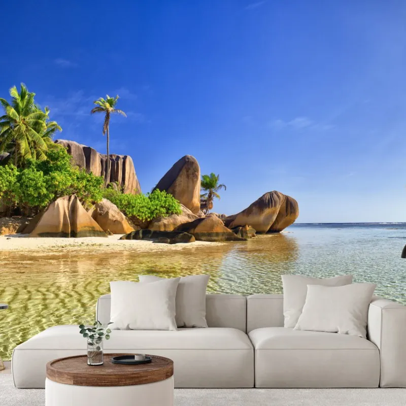 Fototapeta tropikalna plaża z granitowymi głazami i klarowną wodą – Wallissimo® Fototapeta tropikalna plaża z granitowymi głazami i klarowną wodą – Wallissimo®