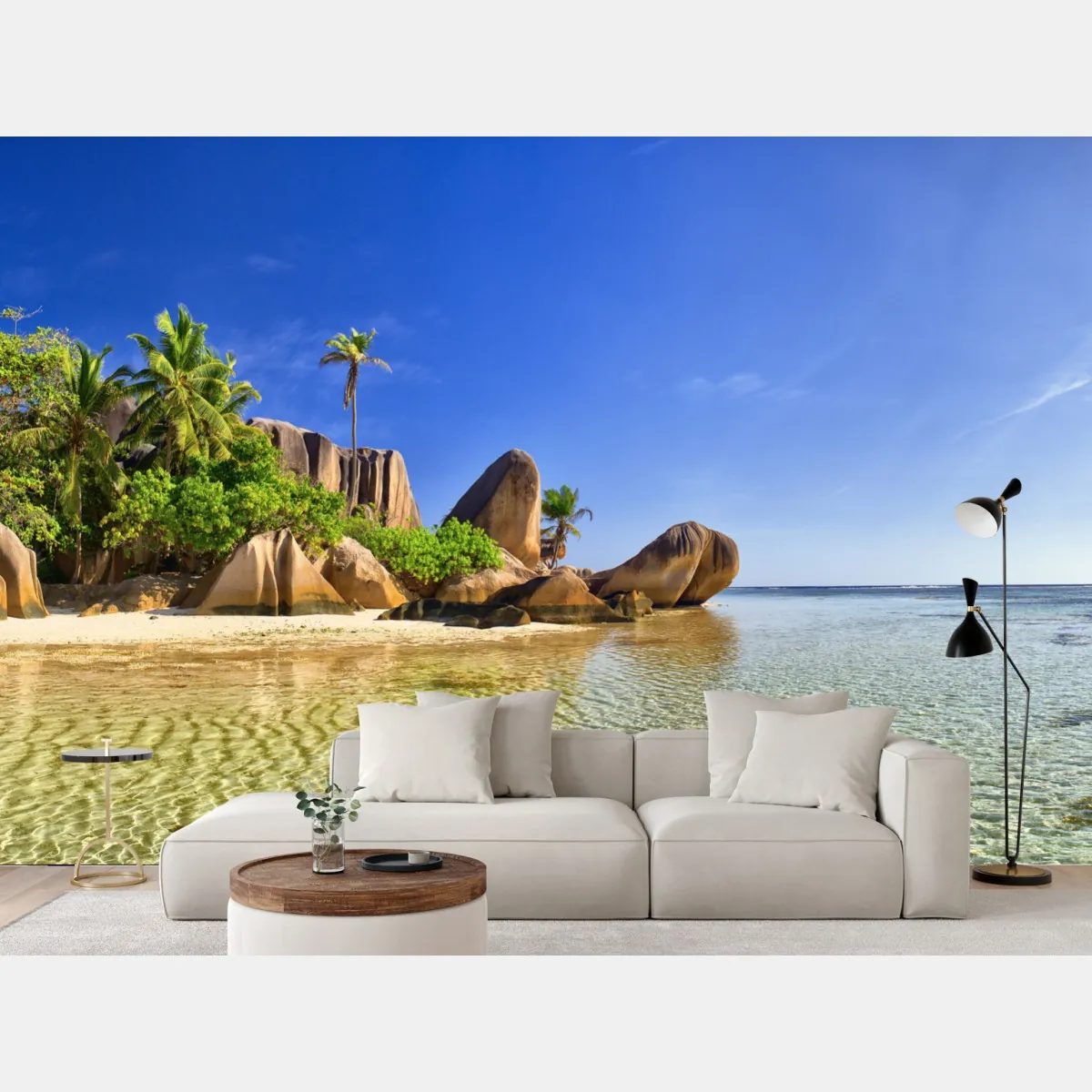 Fototapeta tropikalna plaża z granitowymi głazami i klarowną wodą – Wallissimo® Fototapeta tropikalna plaża z granitowymi głazami i klarowną wodą – Wallissimo®