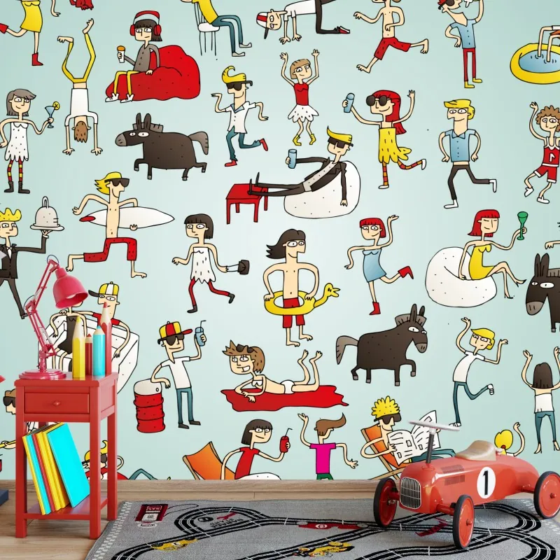 Fototapeta zabawna scena z postaciami na turkusowym tle